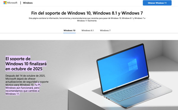 Microsoft dejará de darle soporte a Windows 7, 8.1 y Windows 10 después del 14 de octubre de 2025